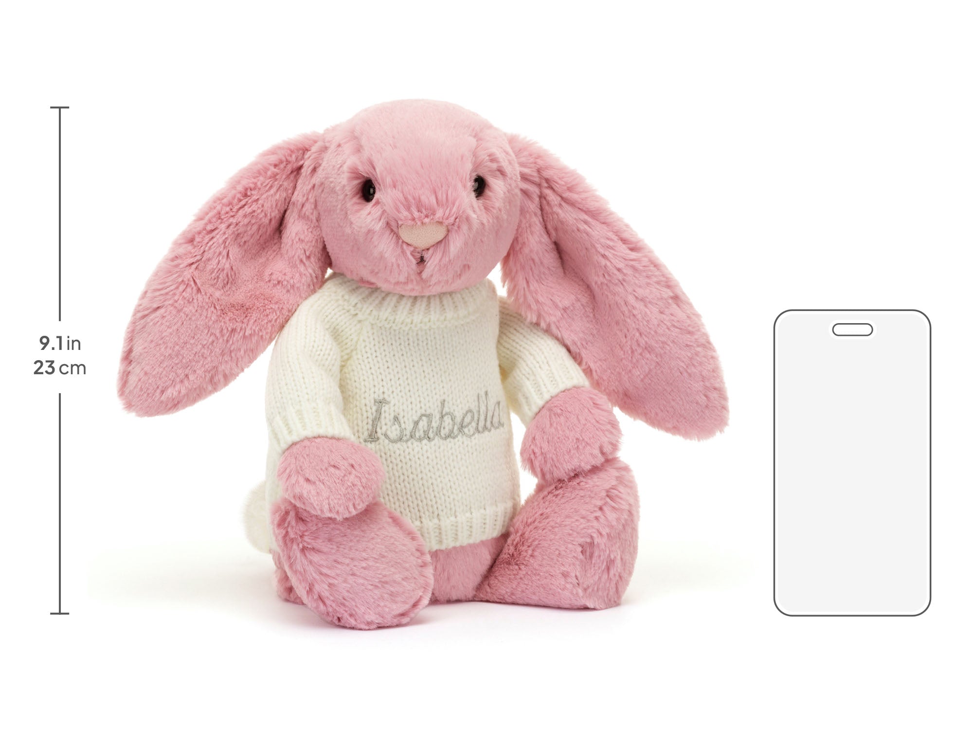 Bashful Tulip Pink Bunny with Personalized Cream Jumper, size chart