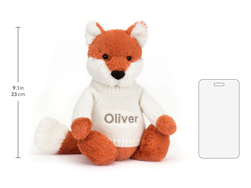 Bashful Fox Cub with Personalized Cream Jumper, size chart