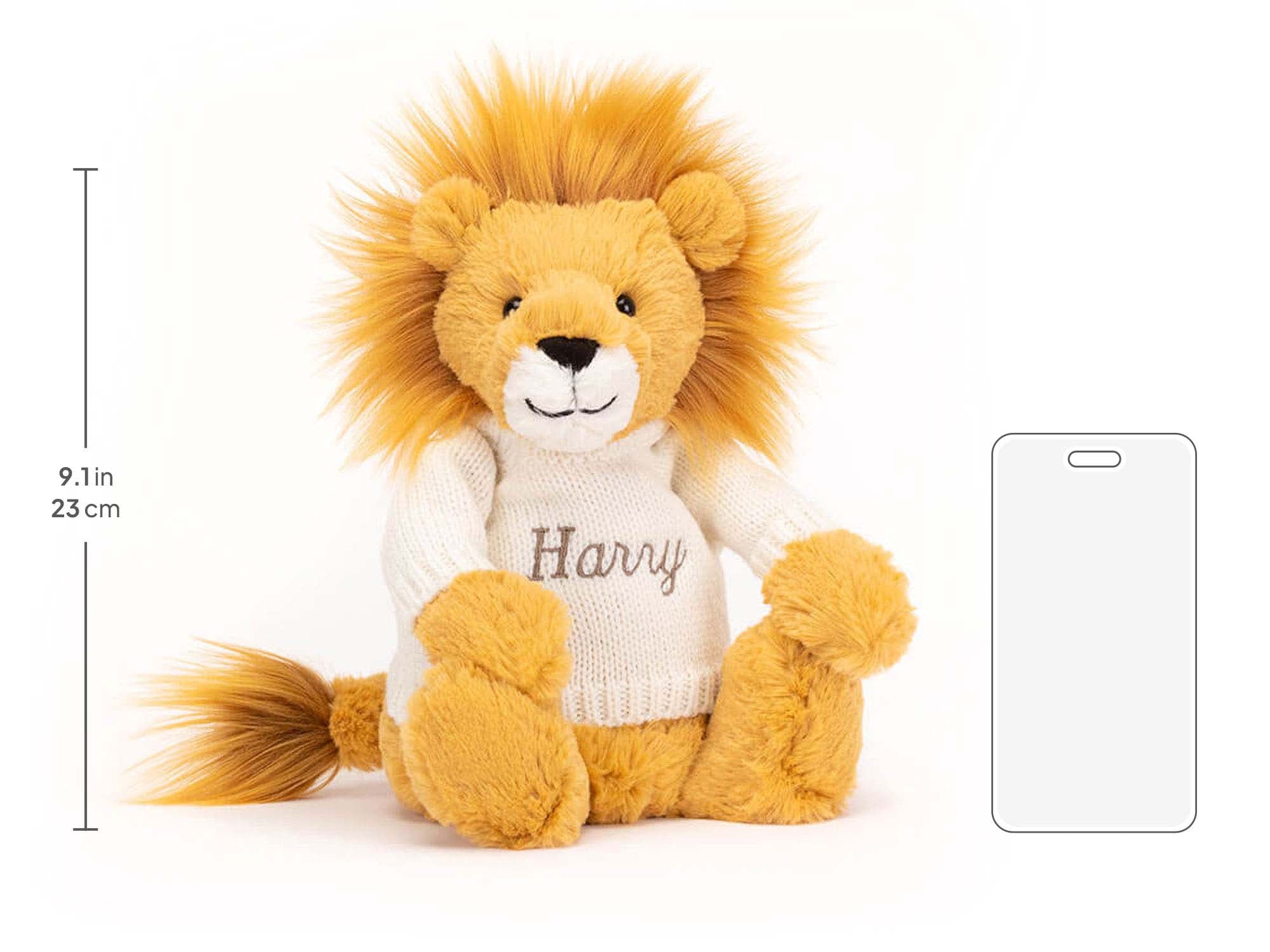 Bashful Lion with Personalized Cream Jumper, size chart