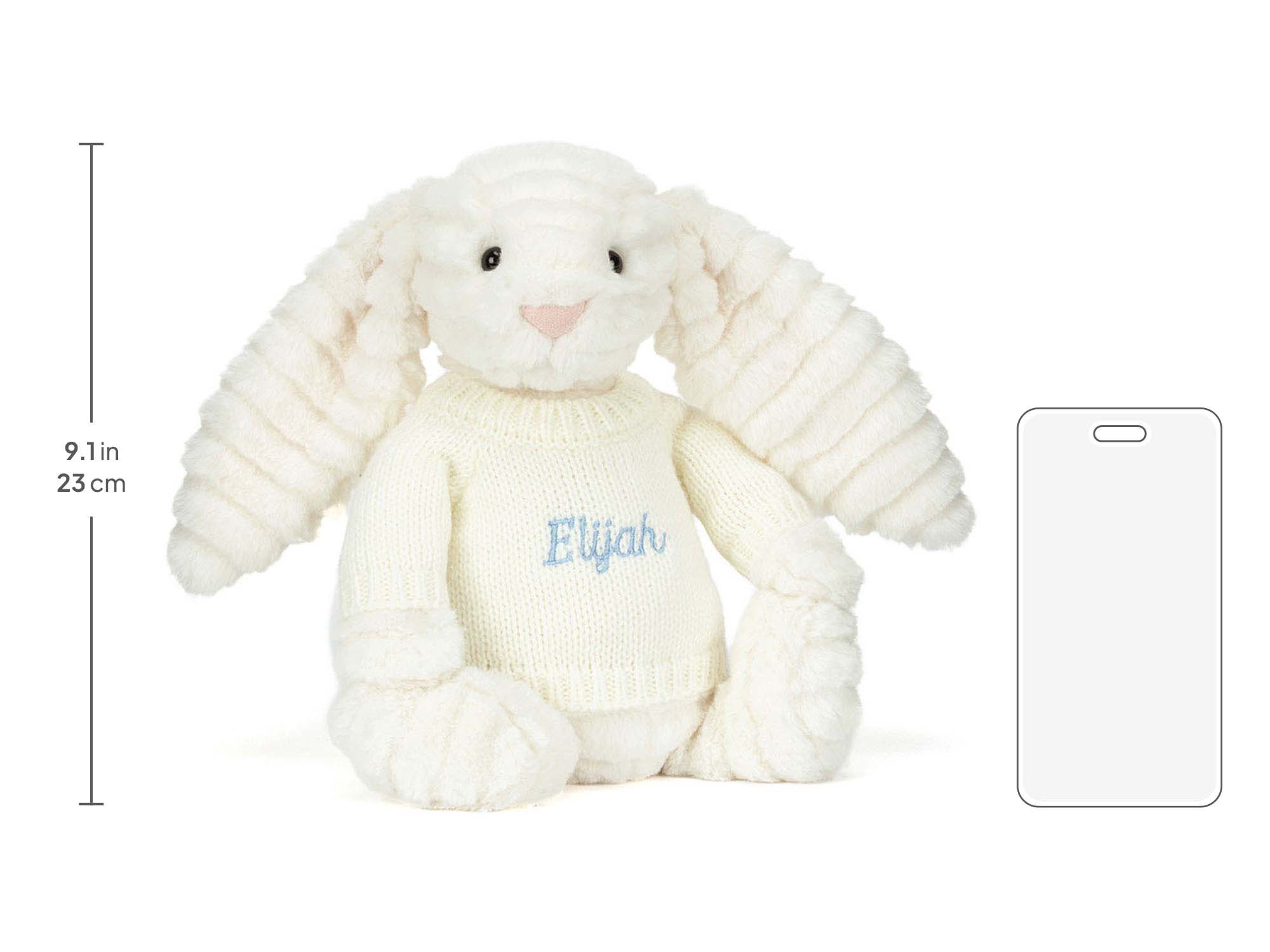 Bashful Luxe Bunny Nimbus with Personalized Cream Jumper, size chart