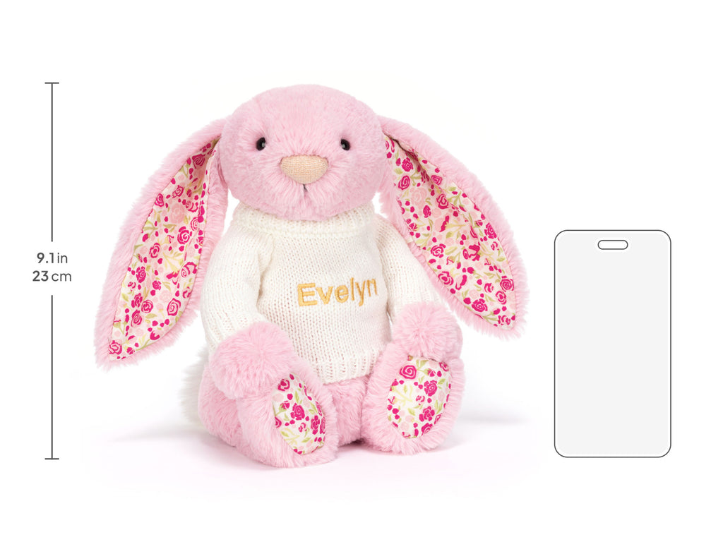 Blushkin Blossom Luxe Bunny with Personalized Cream Jumper, size chart