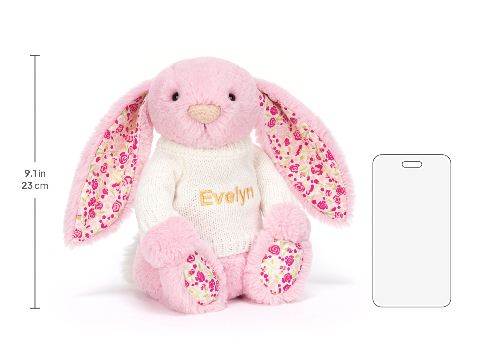 Blushkin Blossom Luxe Bunny with Personalized Cream Jumper, size chart