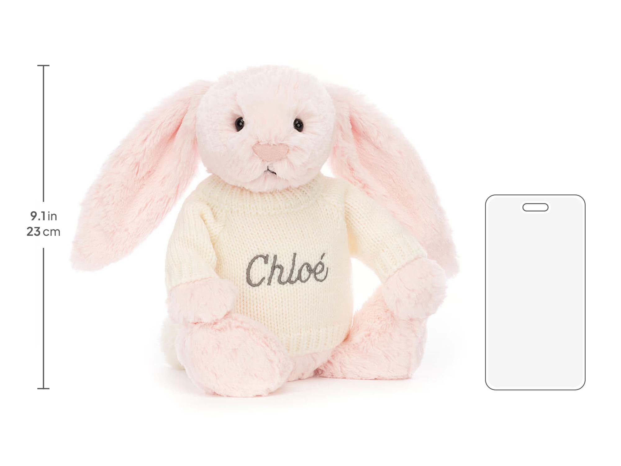 Bashful Pink Bunny with Personalized Cream Jumper, size chart