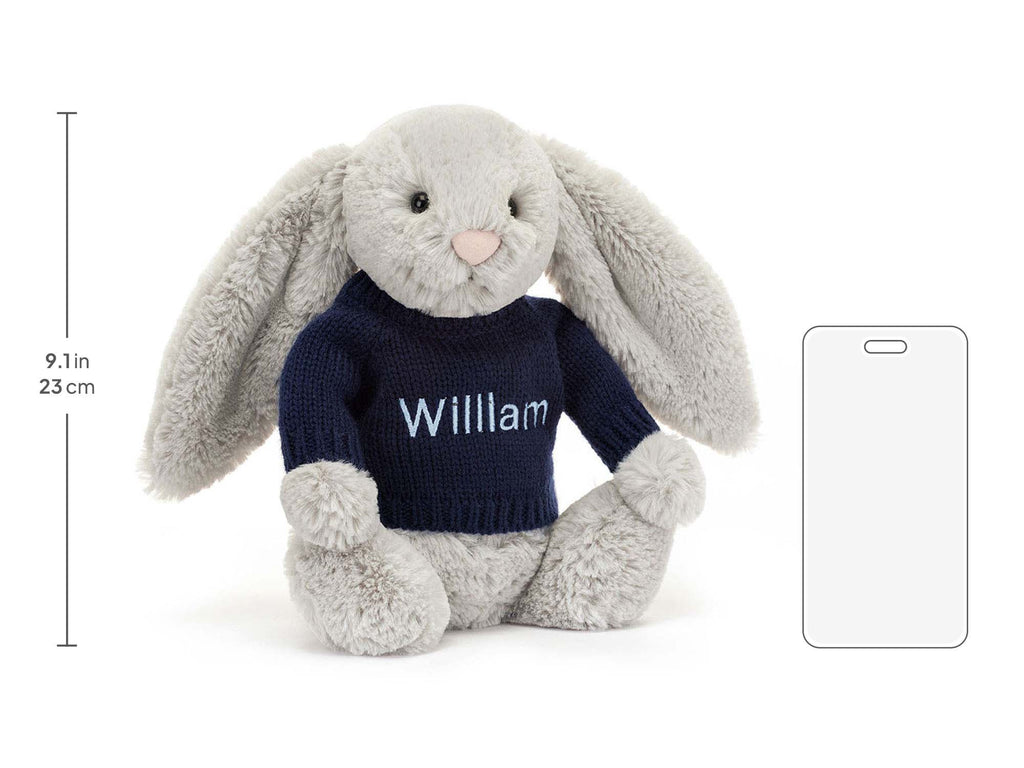 Bashful Silver Bunny with Personalized Navy Jumper, size chart