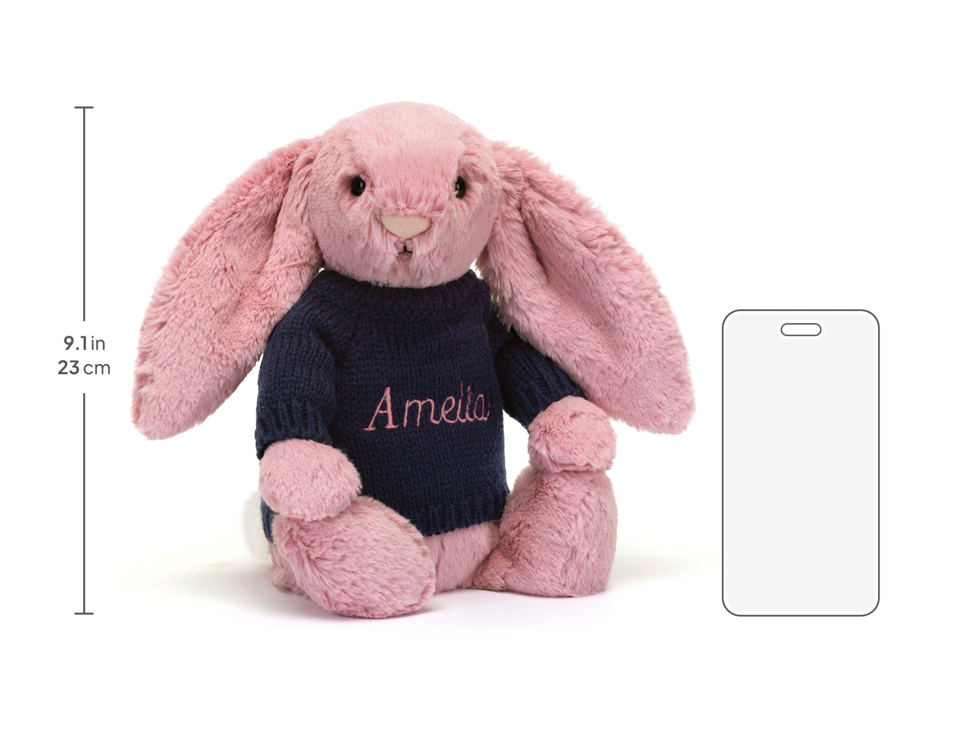 Bashful Tulip Pink Bunny with Personalized Navy Jumper, size chart