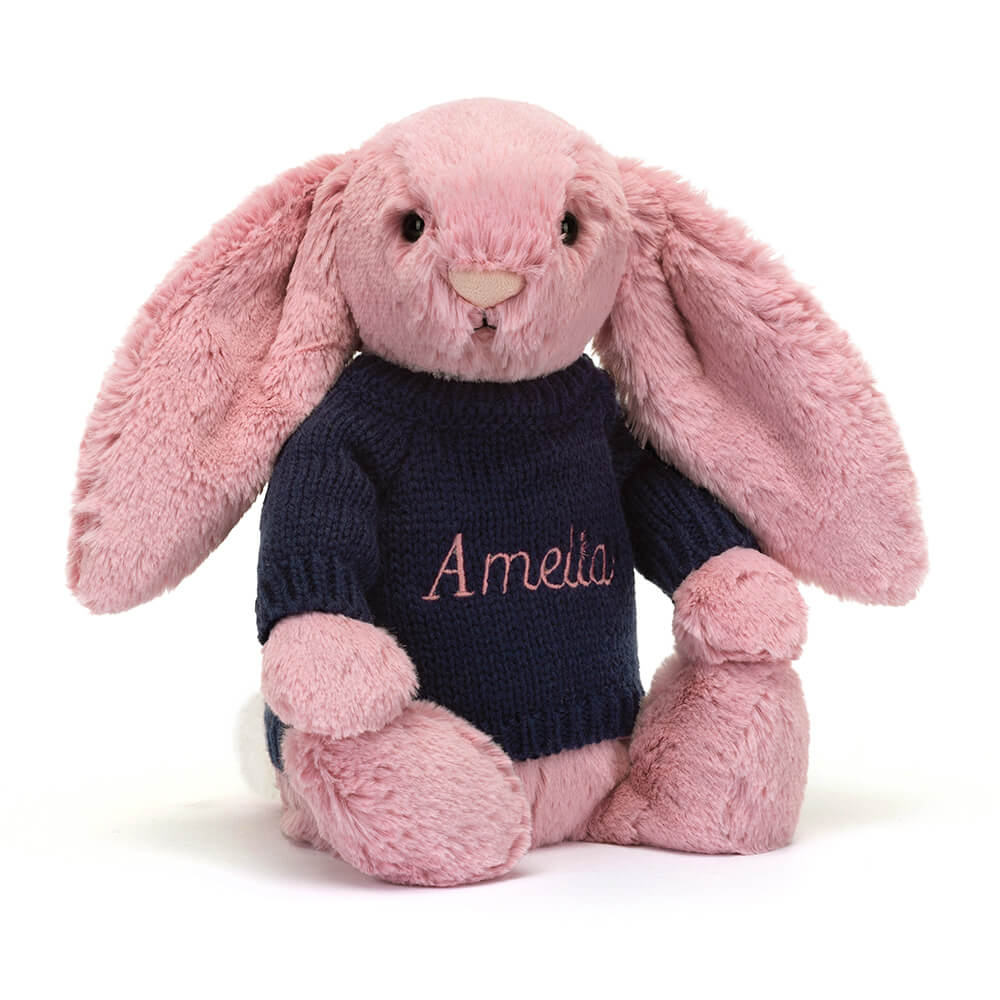 Bashful Tulip Pink Bunny with Personalised Navy Jumper, View 4