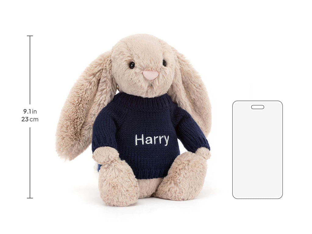 Bashful Beige Bunny with Personalized Navy Jumper, size chart