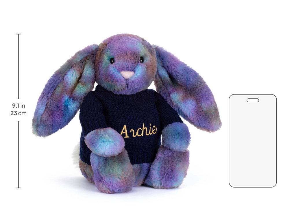 Zodihop Luxe Bunny with Personalised Navy Jumper, size chart