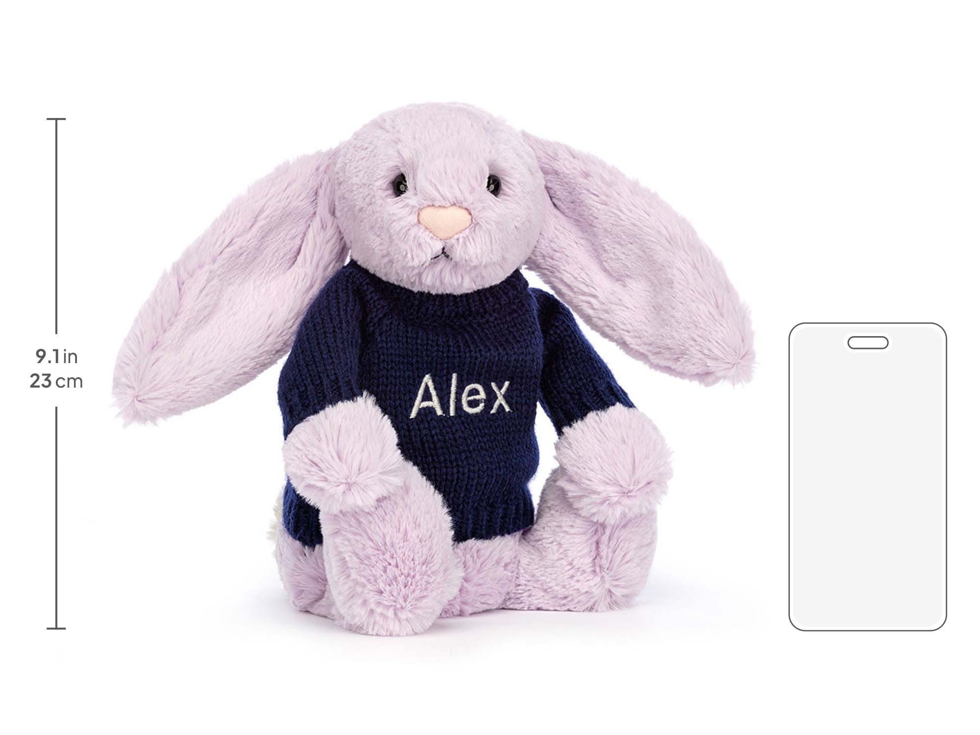 Bashful Lilac Bunny with Personalized Navy Jumper, size chart