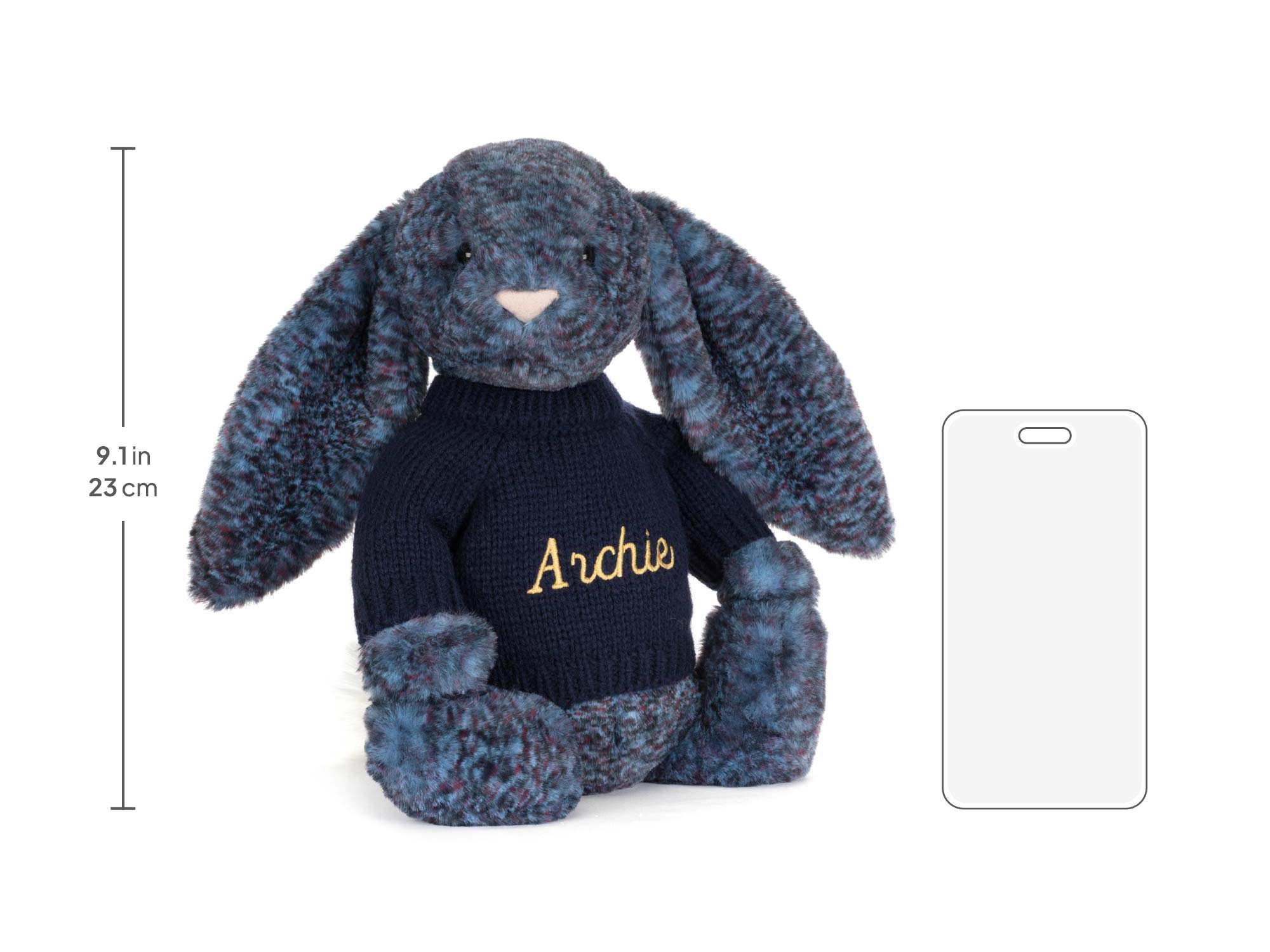 Bashful Hopscone Luxe Bunny with Personalized Navy Jumper, size chart