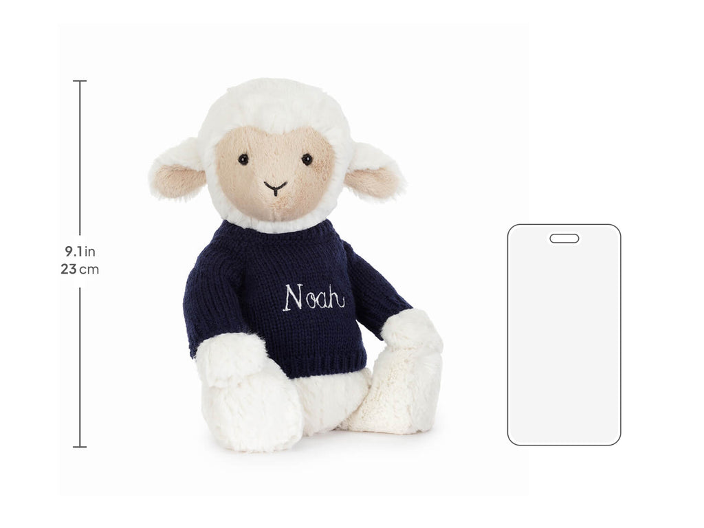 Skipson Lamb Original (Bashful) with Personalized Navy Jumper, size chart