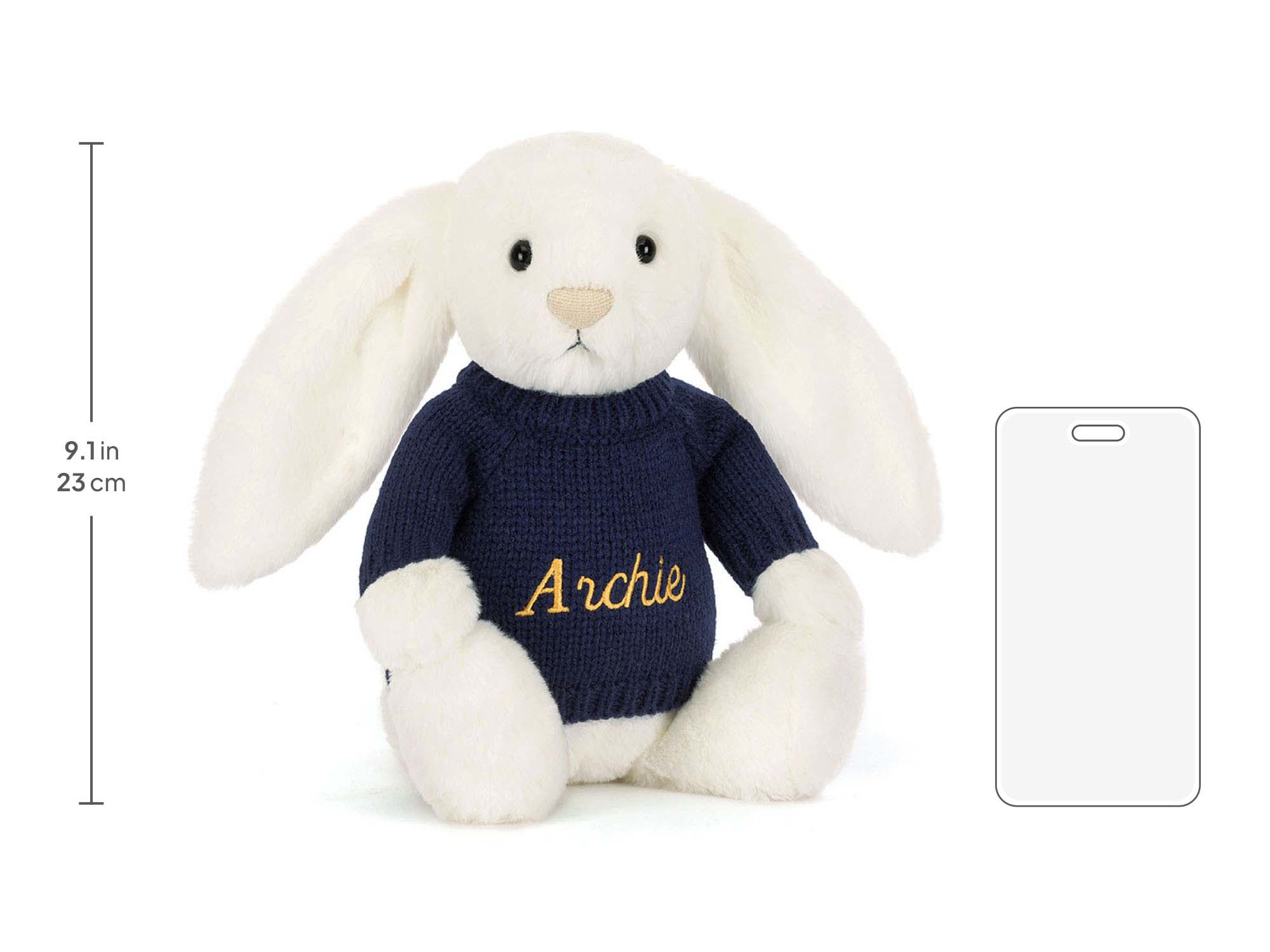 Bashful Luxe Bunny Luna with Personalized Navy Jumper, size chart