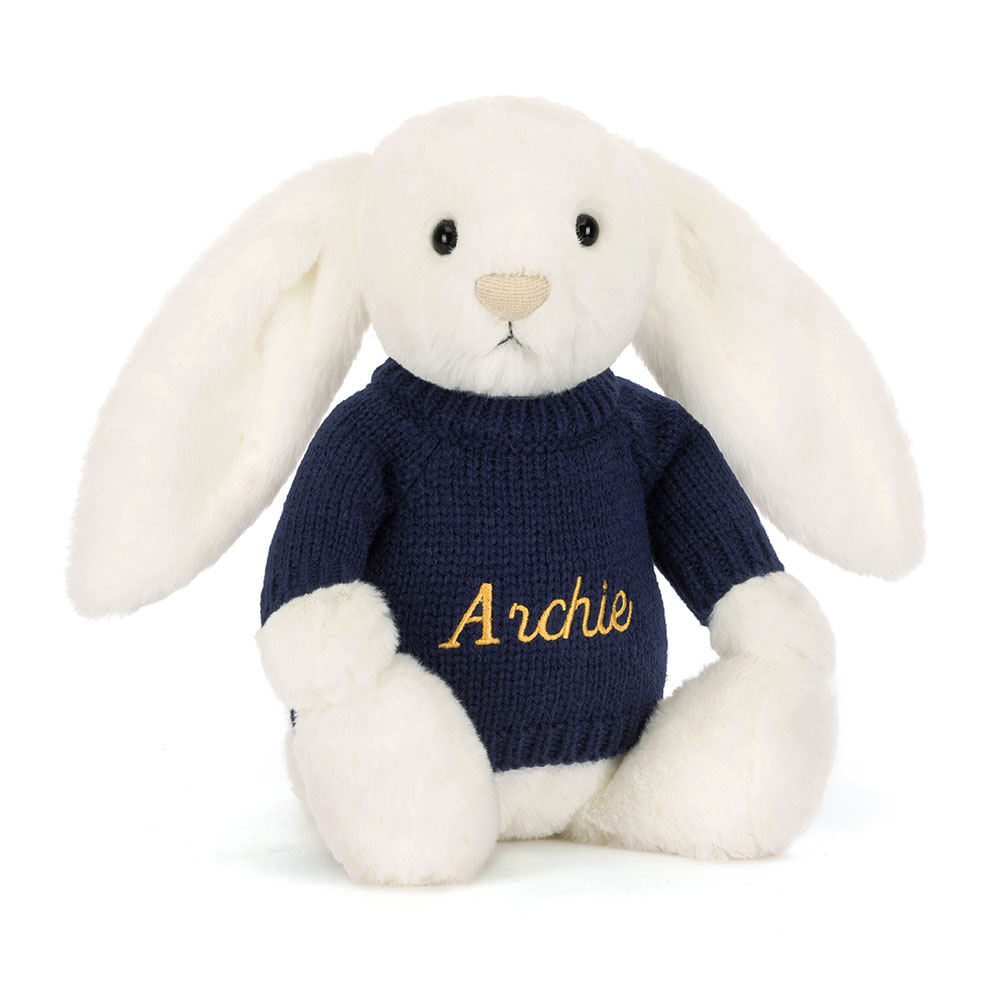 Bashful Luxe Bunny Luna with Personalised Navy Jumper, Main View