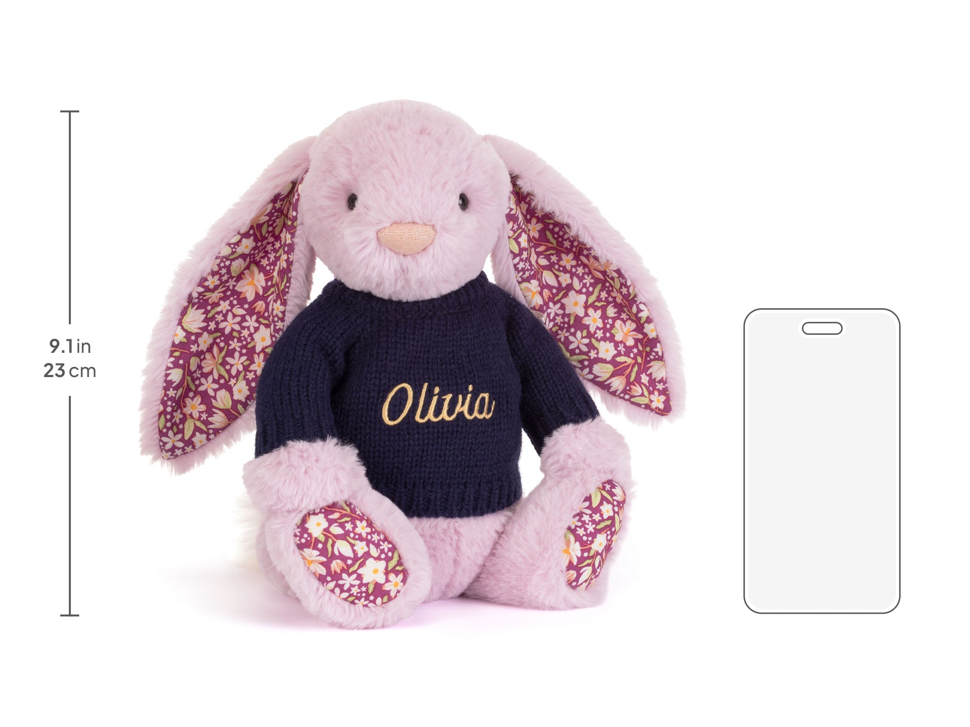 Thistlepop Blossom Luxe Bunny with Personalized Navy Jumper, size chart