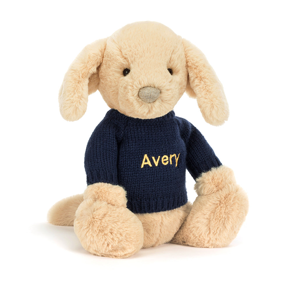 Bashful Luxe Puppy Orlando with Personalised Navy Jumper, Main View