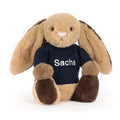 Bashful Patchwork Brown Bunny with Personalised Navy Jumper, Main View