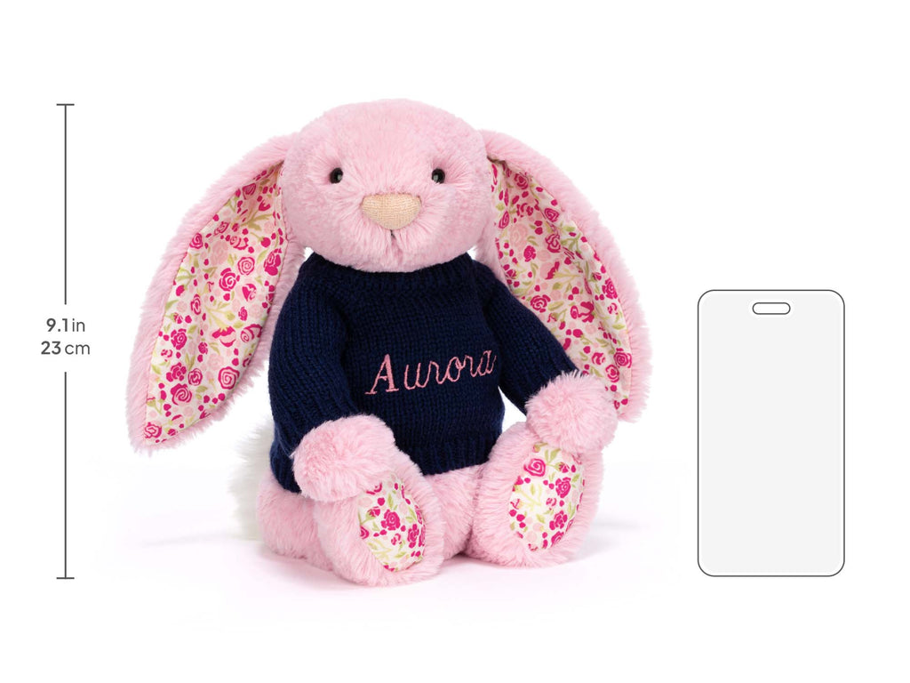 Blushkin Blossom Luxe Bunny with Personalized Navy Jumper, size chart