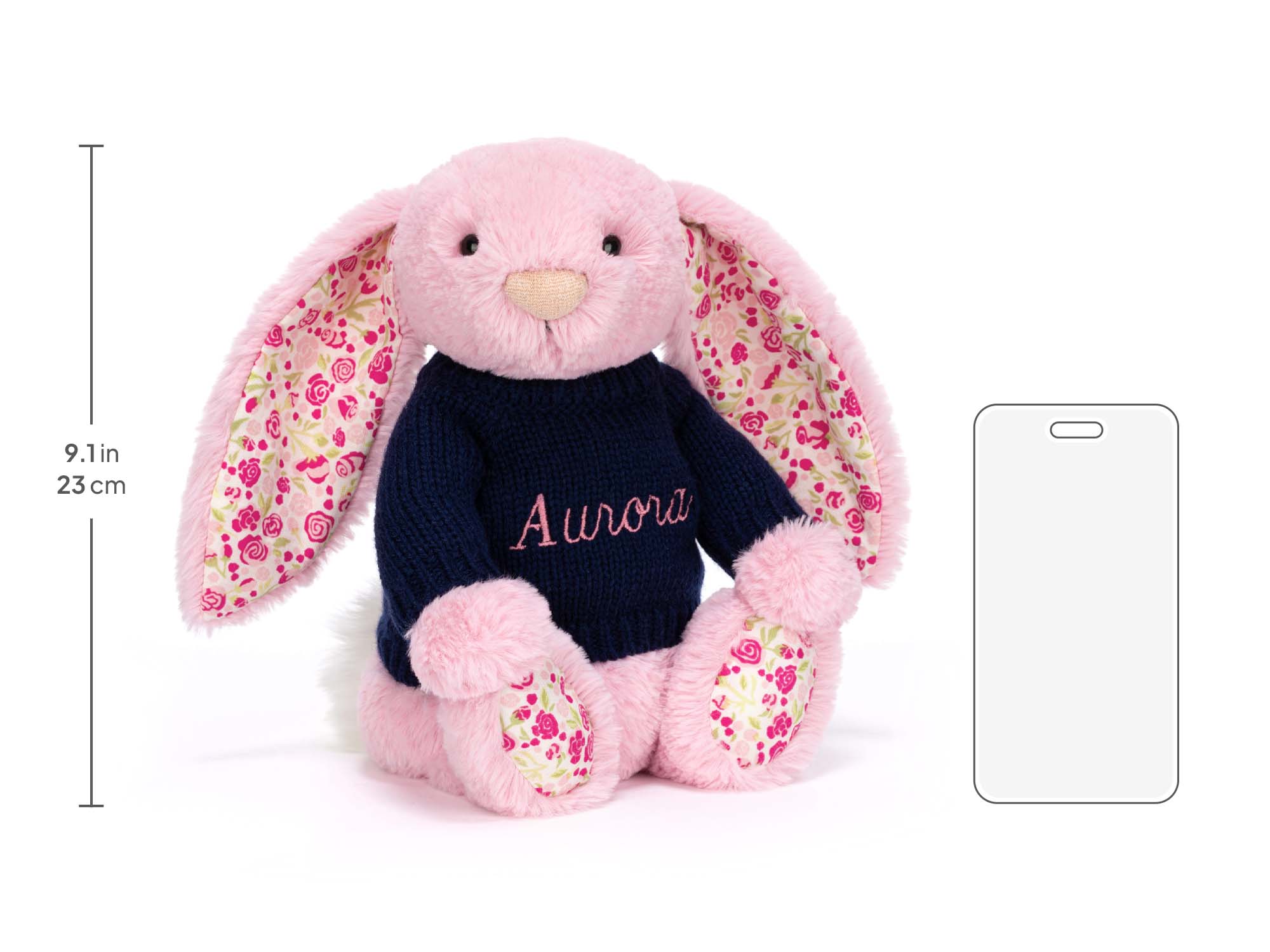 Blushkin Blossom Luxe Bunny with Personalized Navy Jumper, size chart