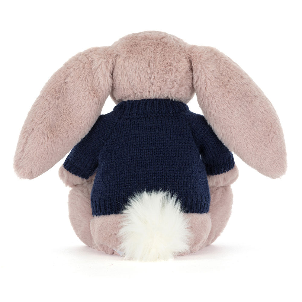 Bashful Luxe Bunny Rosa with Personalised Navy Jumper, View 4