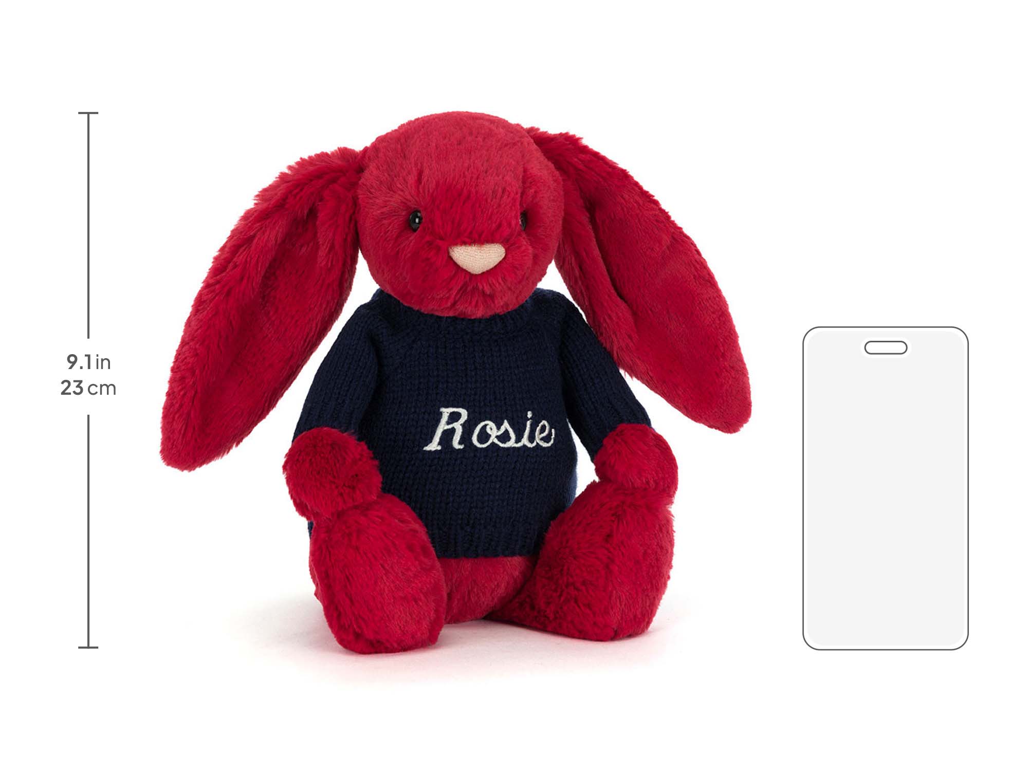 Bashful Luxe Bunny Scarlett with Personalized Navy Jumper, size chart