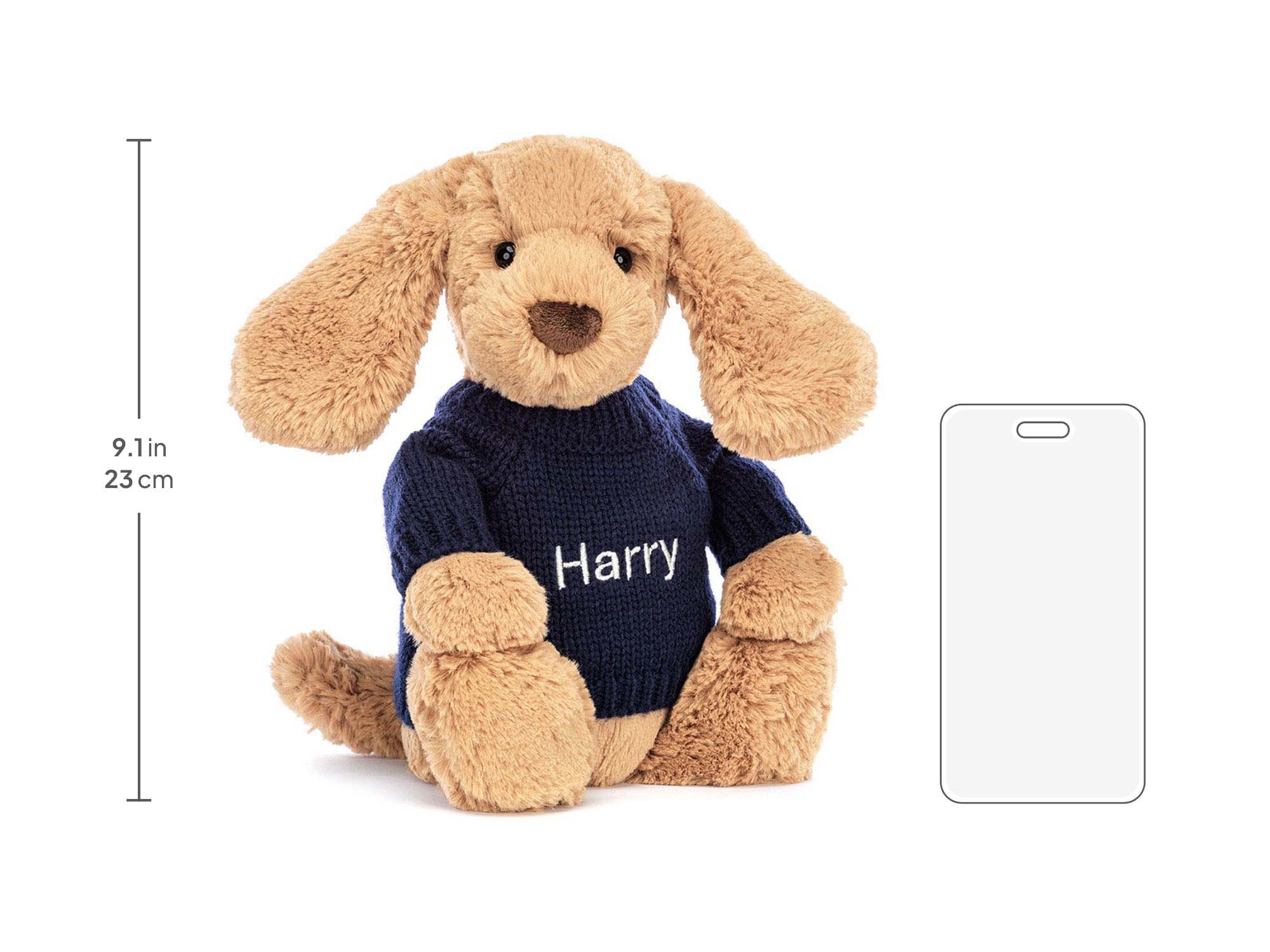 Bashful Toffee Puppy with Personalized Navy Jumper, size chart