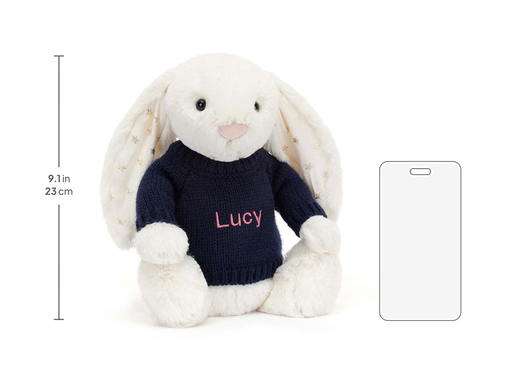 Bashful Twinkle Bunny with Personalized Navy Jumper, size chart
