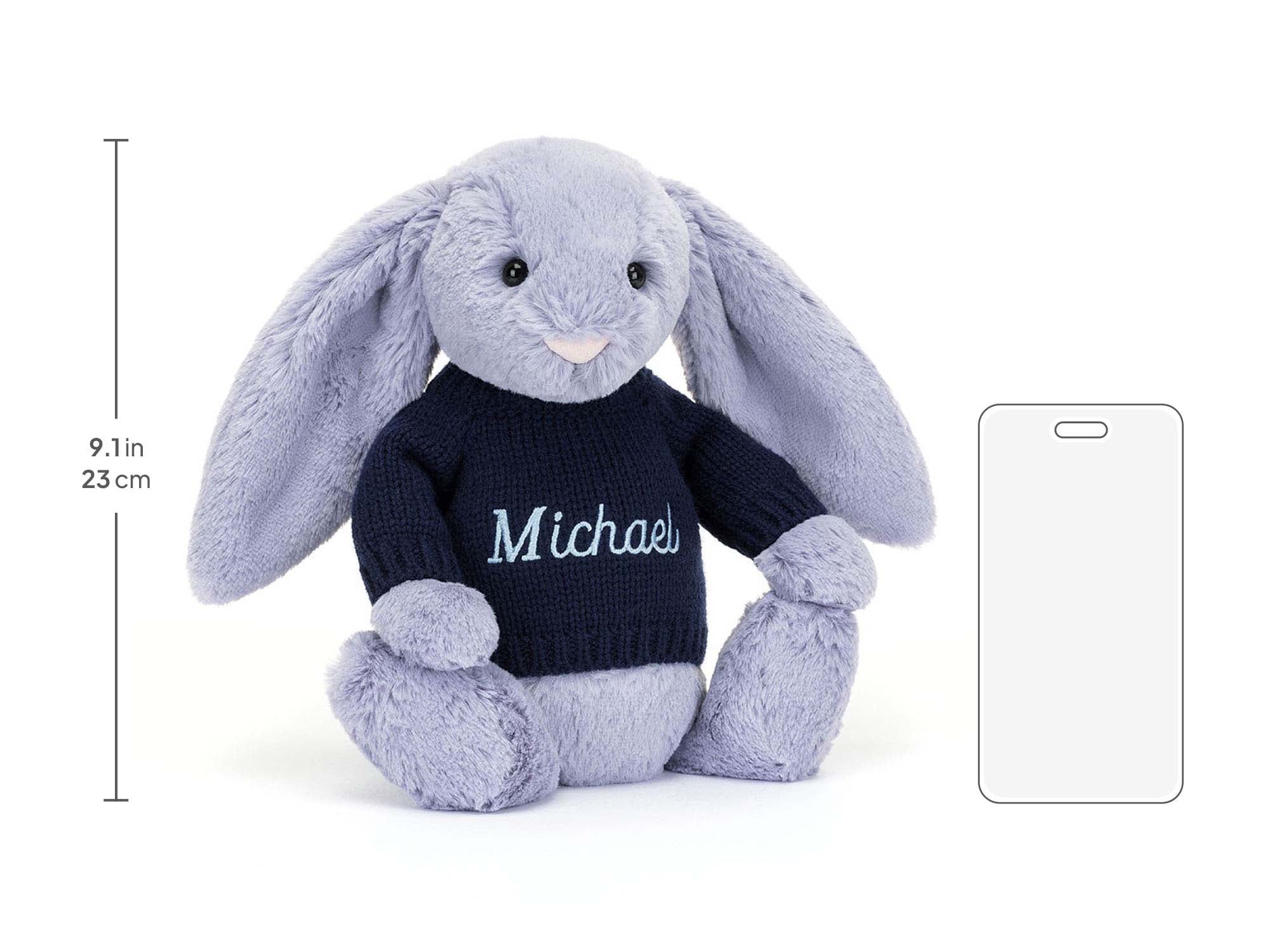 Bashful Viola Bunny with Personalized Navy Jumper, size chart