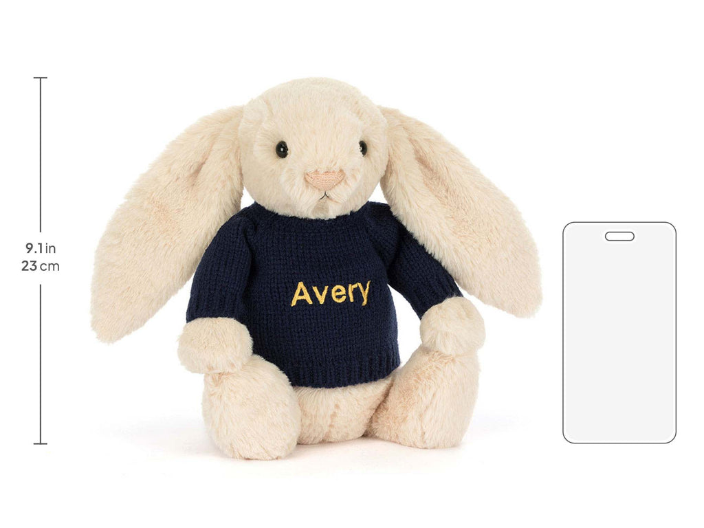 Bashful Luxe Bunny Willow with Personalized Navy Jumper, size chart