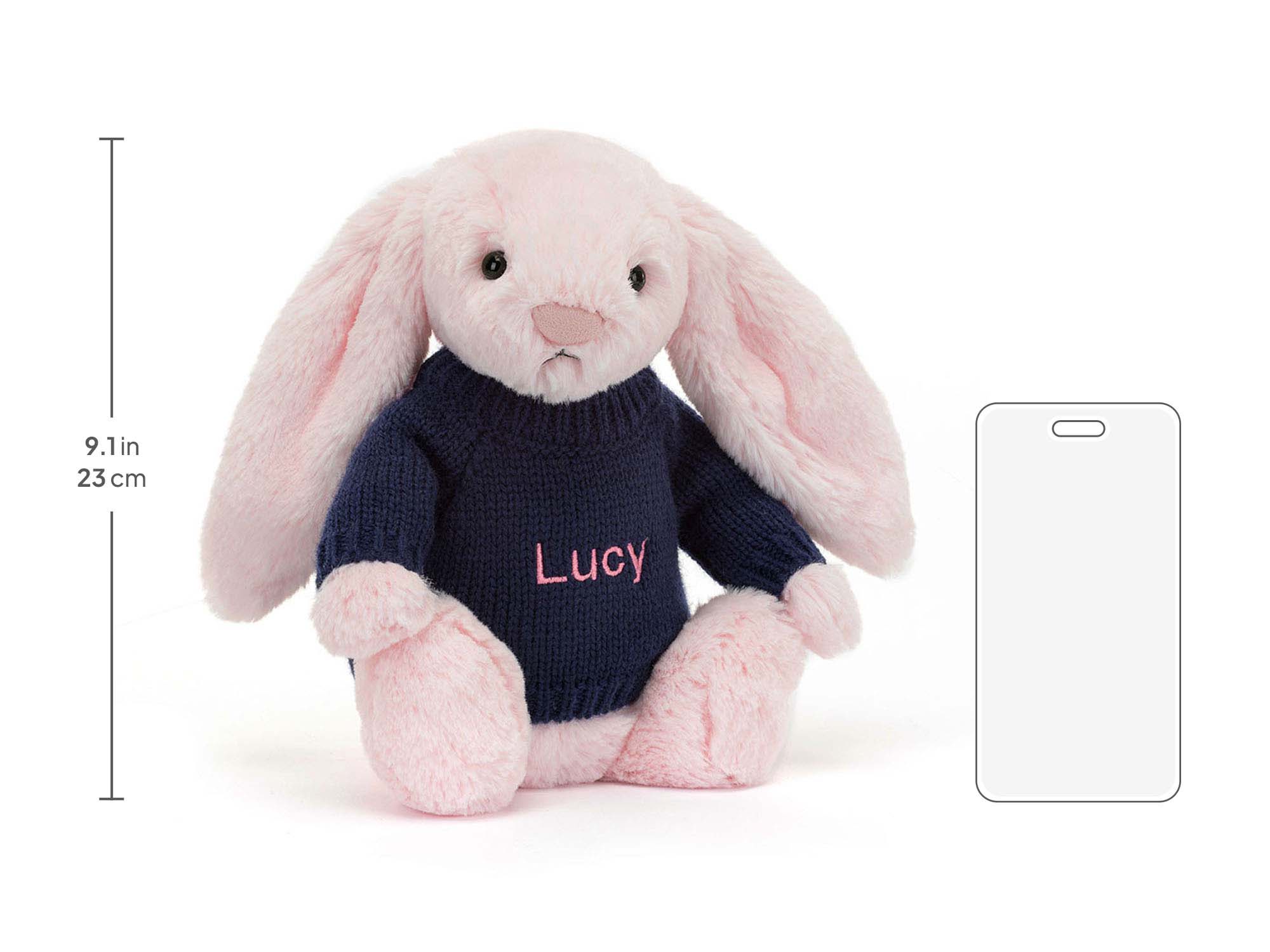 Bashful Pink Bunny with Personalized Navy Jumper, size chart