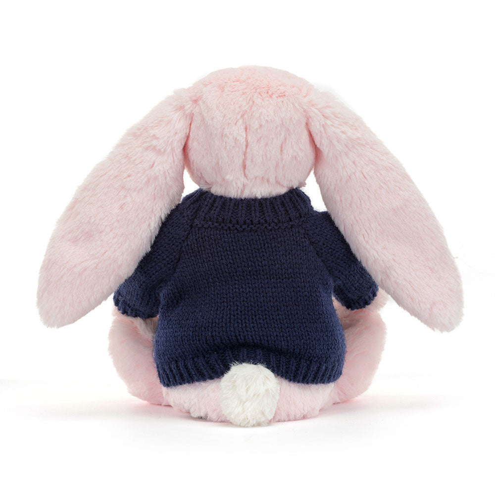 Bashful Pink Bunny with Personalised Navy Jumper, View 4