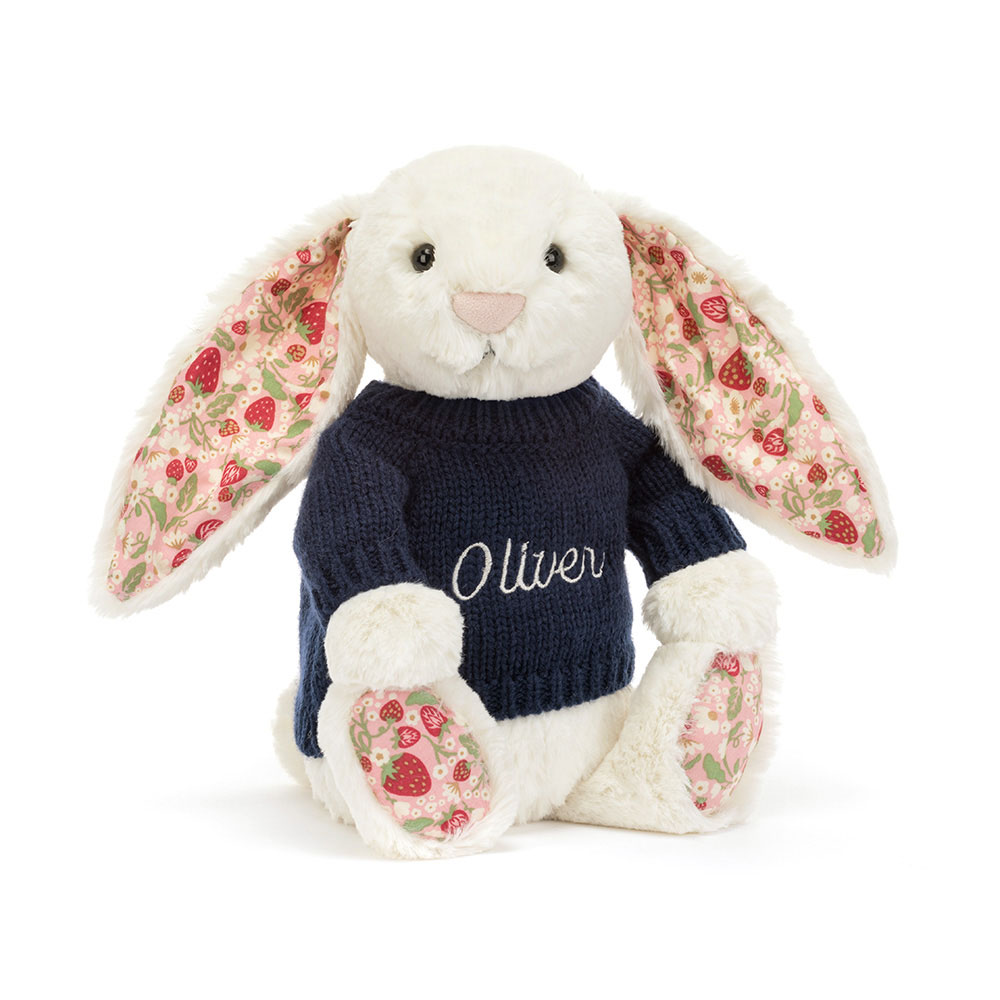 Blossom Cream Bunny 'Berry' with Personalised Navy Jumper, Main View
