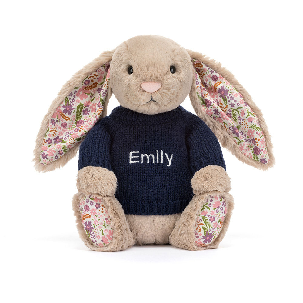Blossom Beige Bunny 'Petal' with Personalised Navy Jumper, View 4