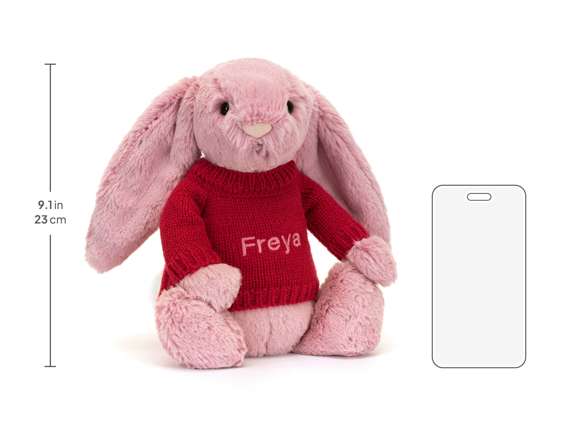 Bashful Tulip Pink Bunny with Personalized Red Jumper, size chart