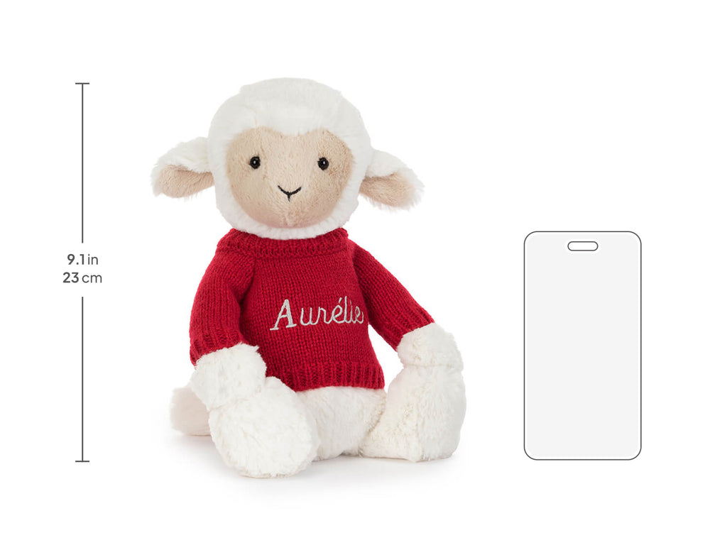 Skipson Lamb Original (Bashful) with Personalized Red Jumper, size chart