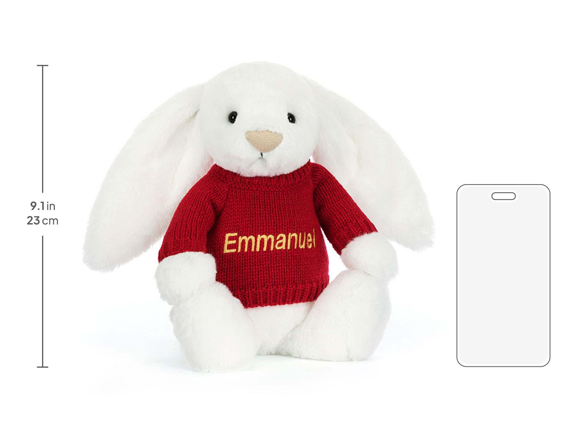 Bashful Luxe Bunny Luna with Personalized Red Jumper, size chart