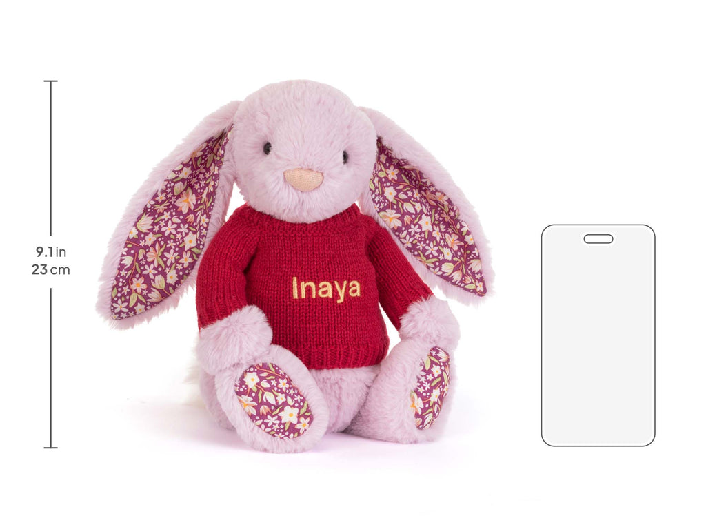 Thistlepop Blossom Luxe Bunny with Personalized Red Jumper, size chart