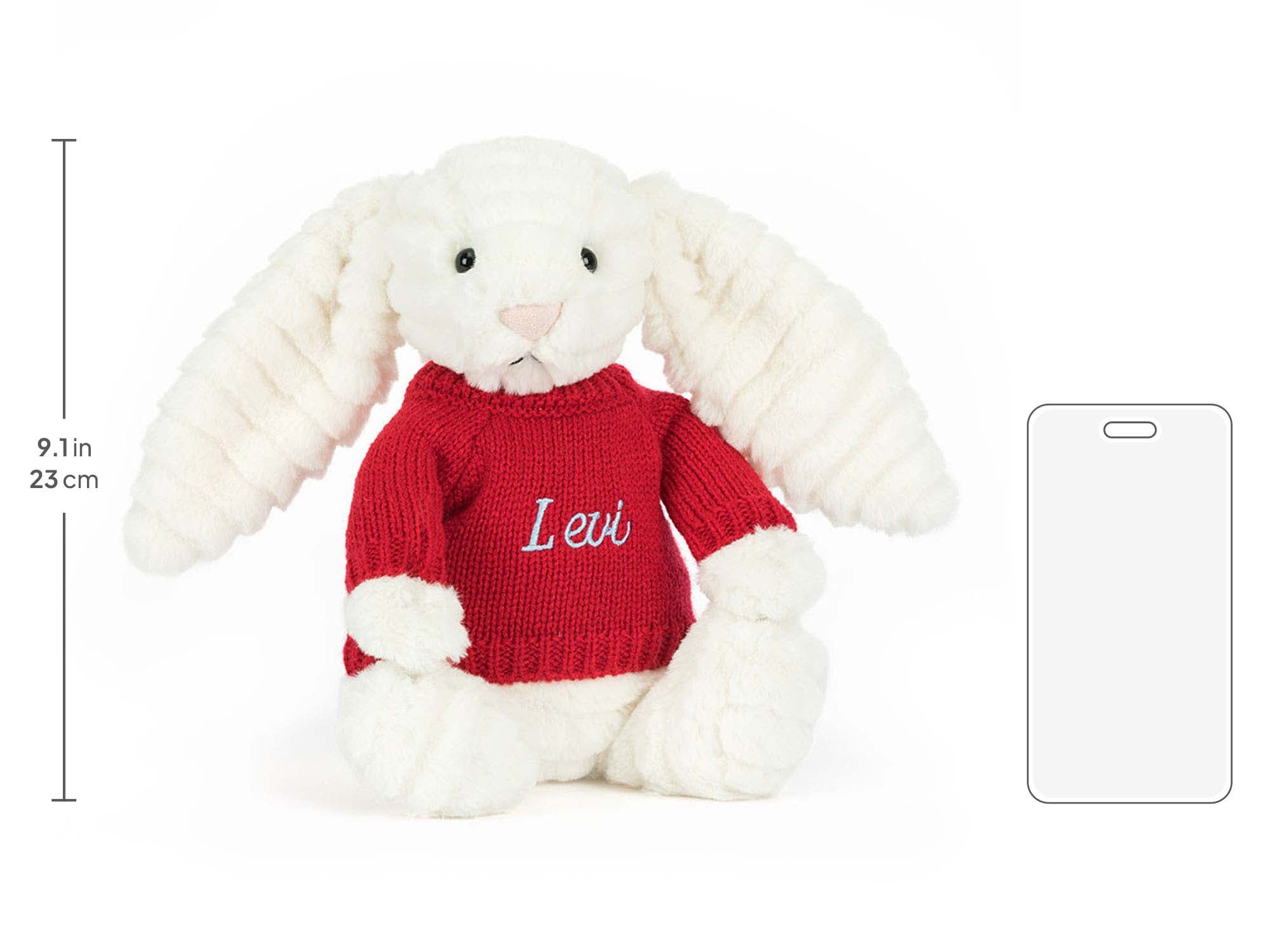 Bashful Luxe Bunny Nimbus with Personalized Red Jumper, size chart