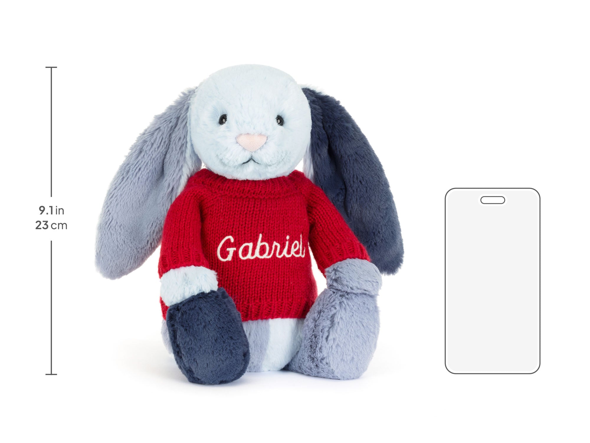 Puddlesea Bunny with Personalised Red Jumper, size chart