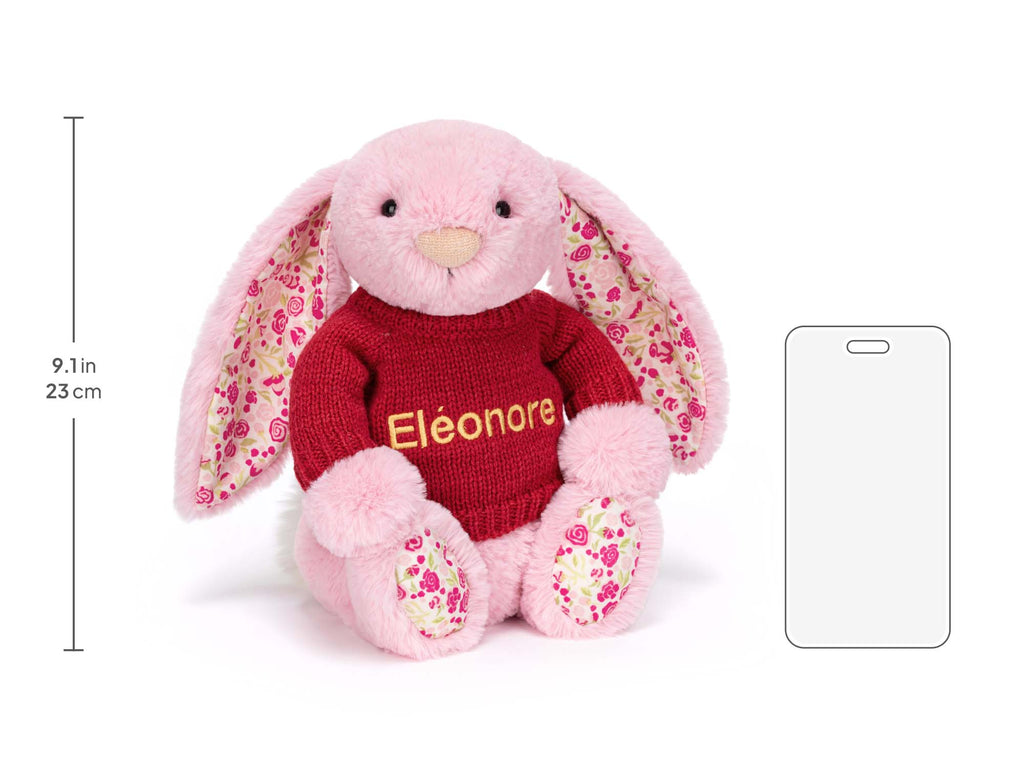 Blushkin Blossom Luxe Bunny with Personalized Red Jumper, size chart