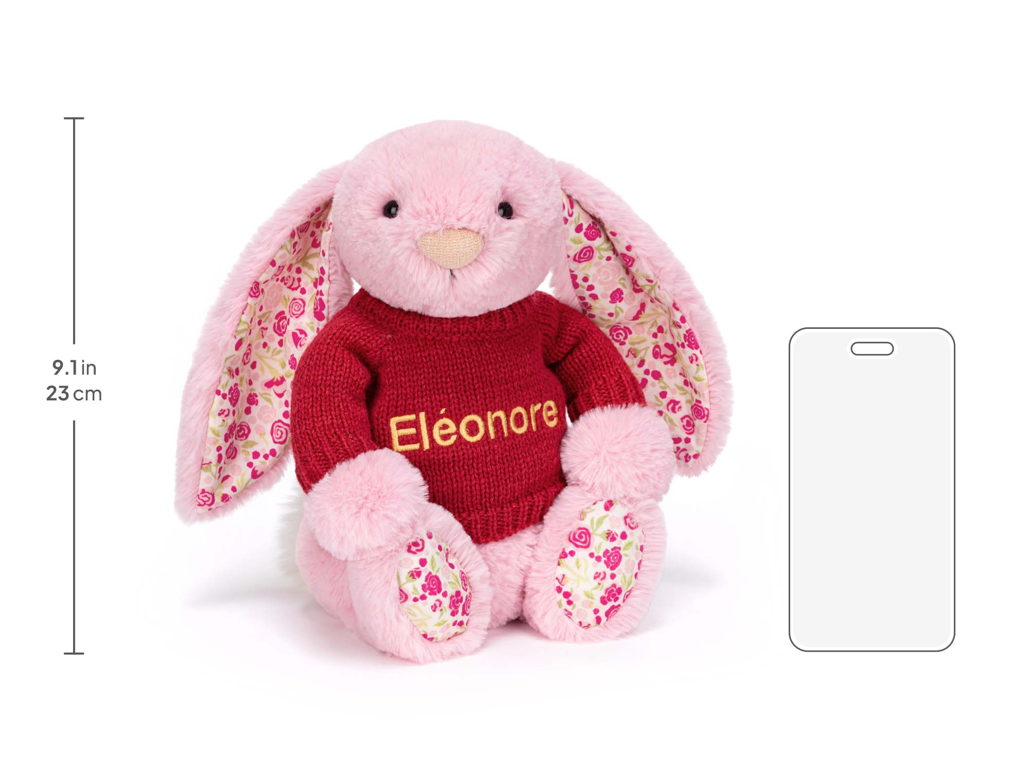Blushkin Blossom Luxe Bunny with Personalized Red Jumper, size chart