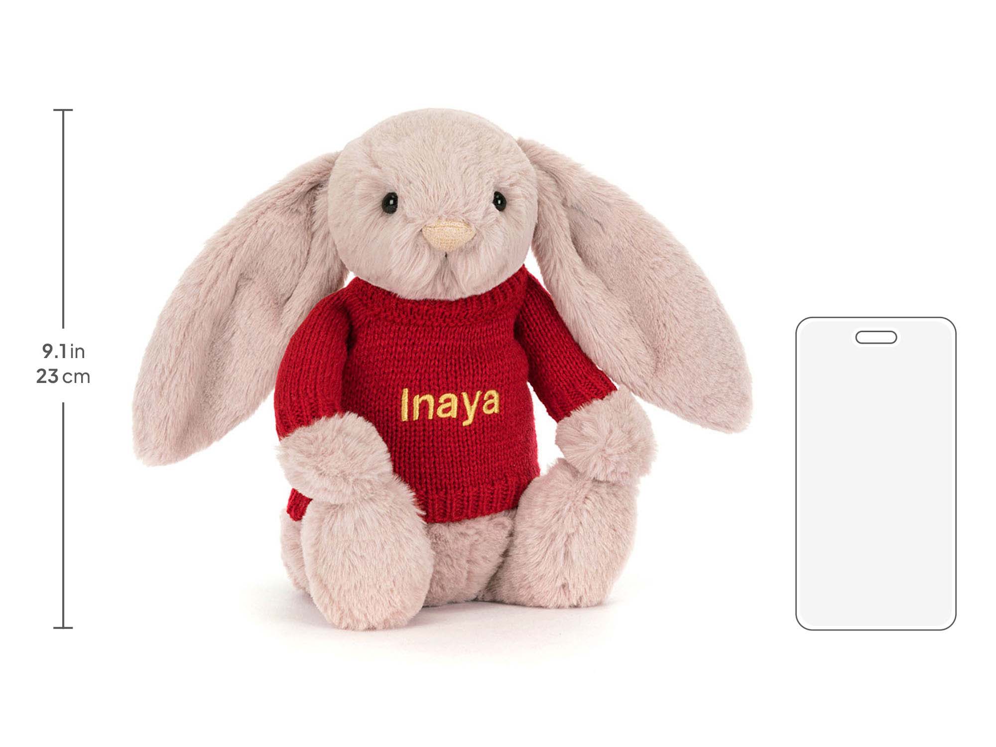 Bashful Luxe Bunny Rosa with Personalized Red Jumper, size chart