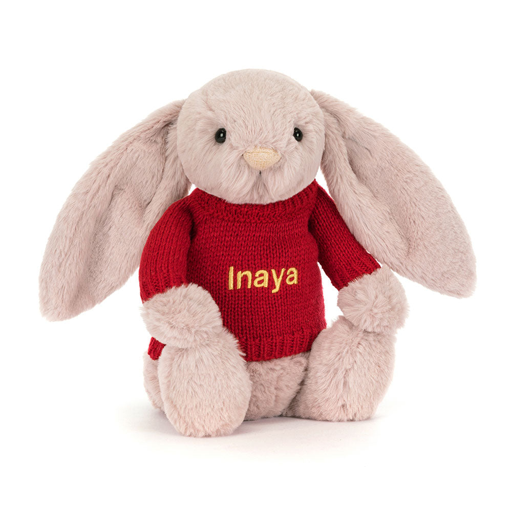 Bashful Luxe Bunny Rosa with Personalised Red Jumper, Main View