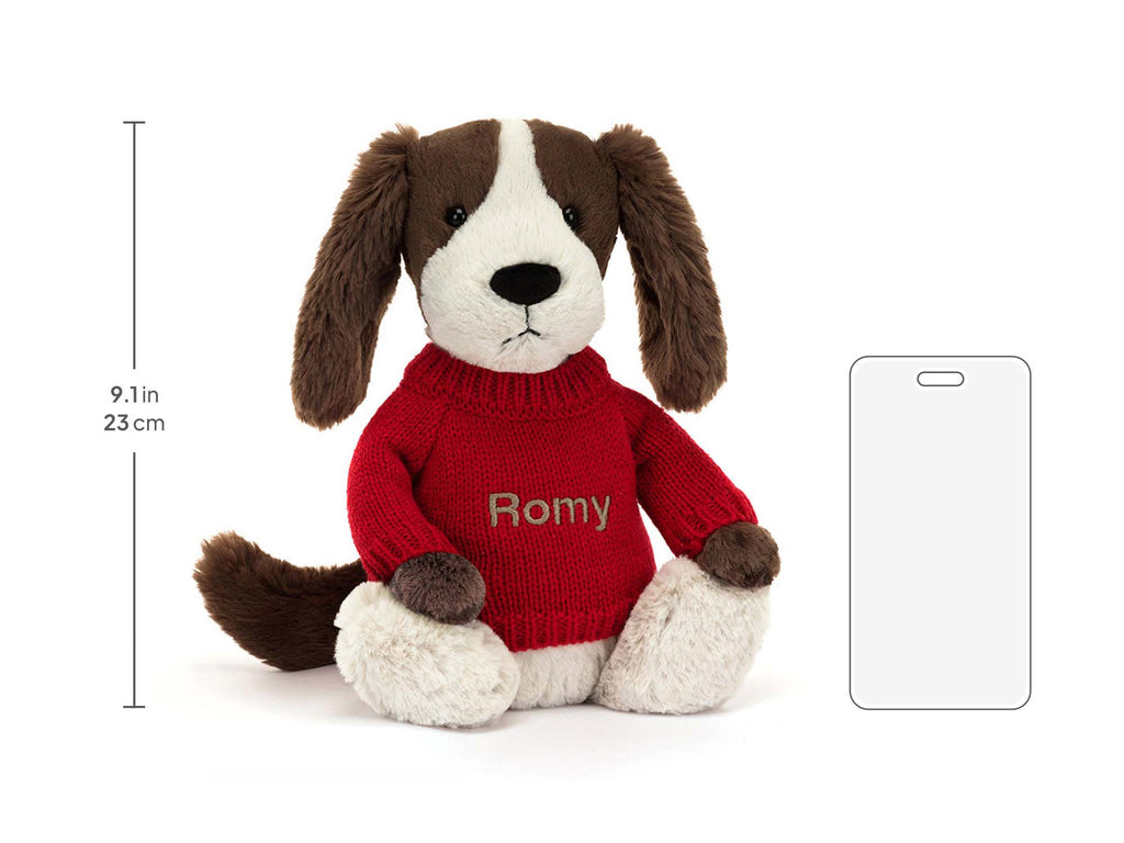 Bashful Fudge Puppy with Personalized Red Jumper, size chart