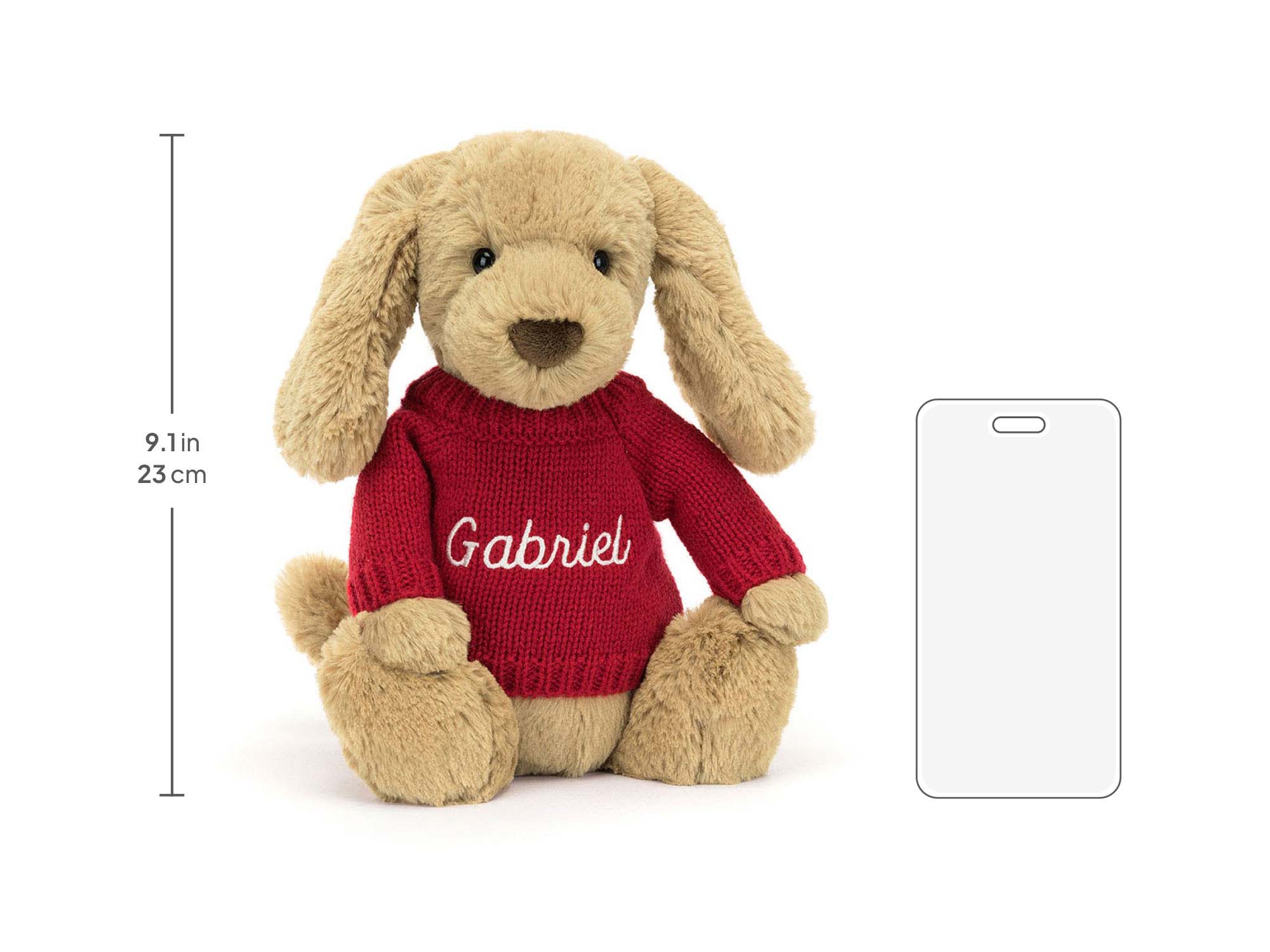 Bashful Toffee Puppy with Personalized Red Jumper, size chart
