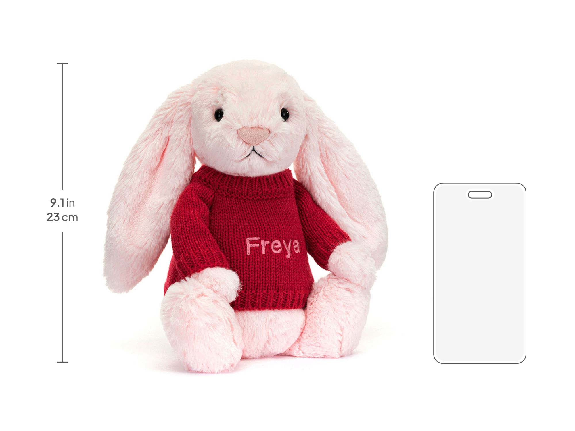 Bashful Pink Bunny with Personalized Red Jumper, size chart
