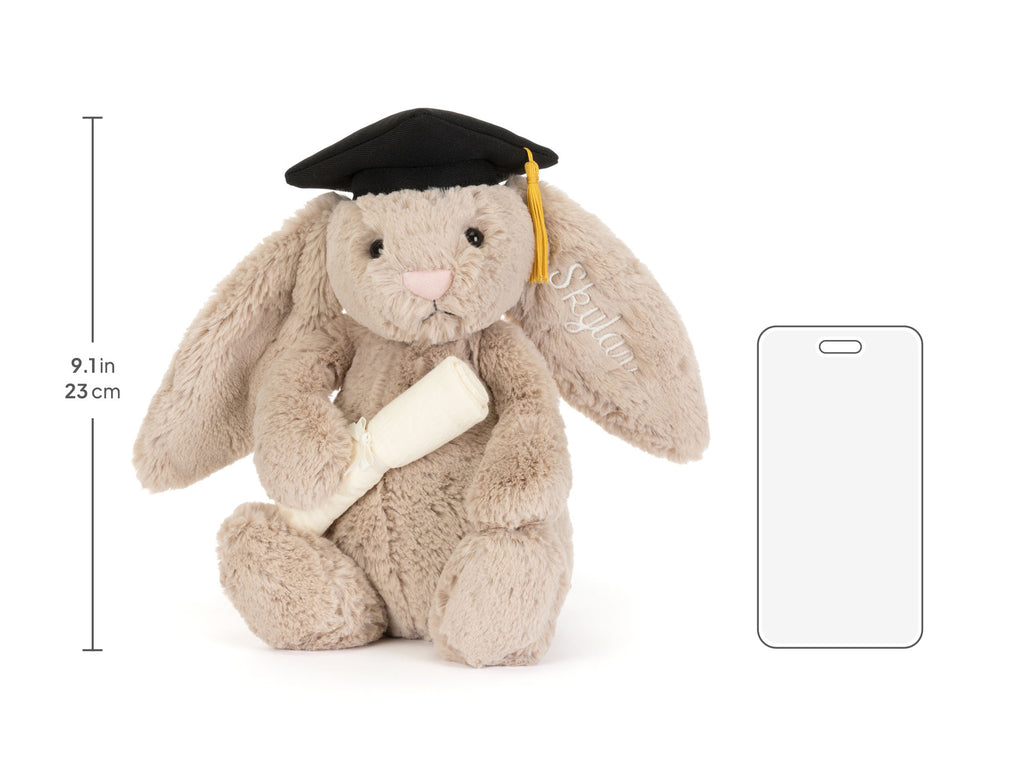 Personalised Bashful Bunny Graduation Outfit, size chart