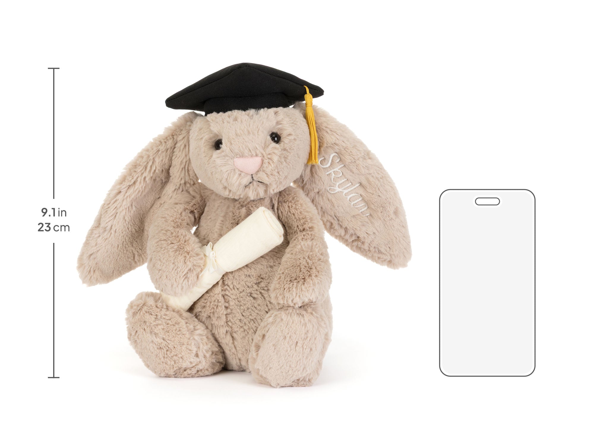 Personalised Bashful Bunny Graduation Outfit, size chart